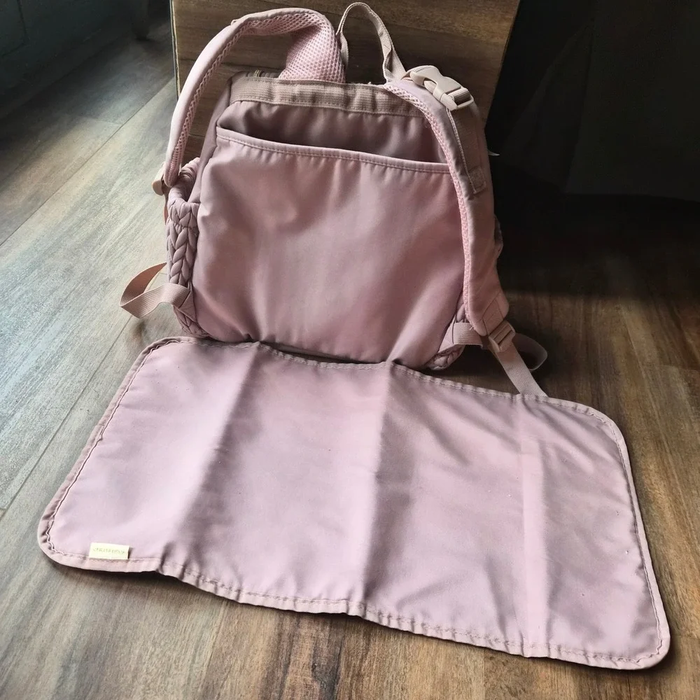 Mommore Diaper Bag Backpack Pink Braided Quilted Travel Bag Puffy Changing Pad